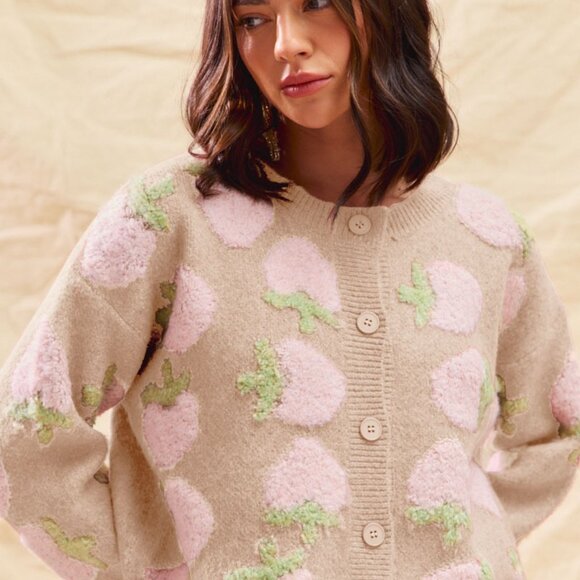 So Me Sweaters - SO ME Strawberry‎ Fruit All Over Button Sweater Cardigan
